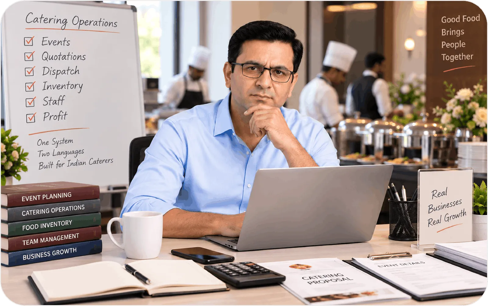 The CaterCaptain founder at his desk